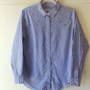 Rails Taylor Banker Stripe with Pearls Long Sleeve Button Up Top SZ S
